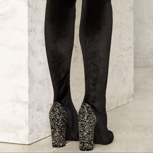 Nasty Gal Shoes - Nasty Gal Black Flicker Velvet High Knee Boots